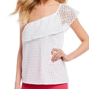 NWT Lauren James White Reagan Eyelet Ruffle One Shoulder Top Size Small